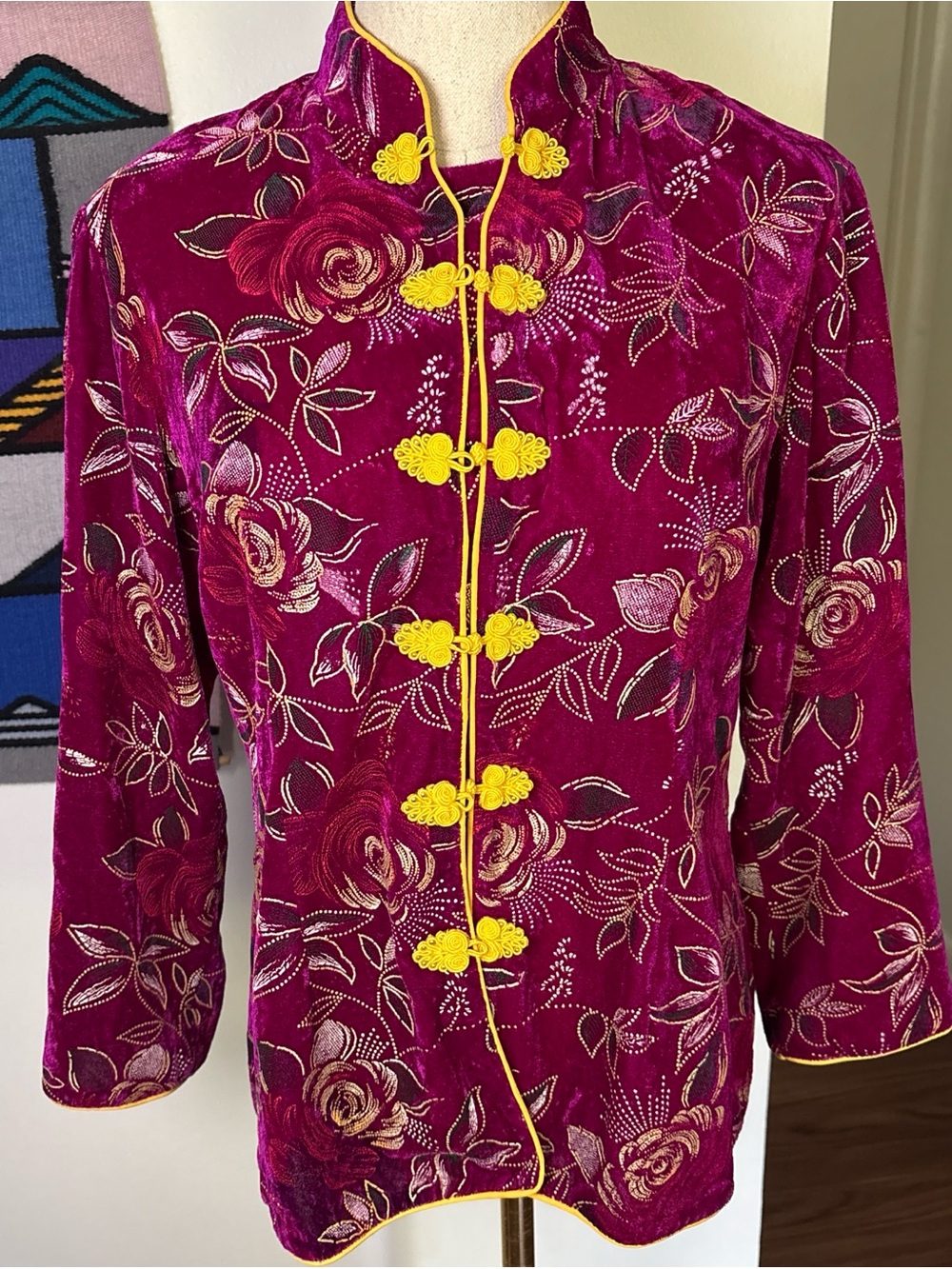 Velvet Mandarin Collar Jacket with Floral Design